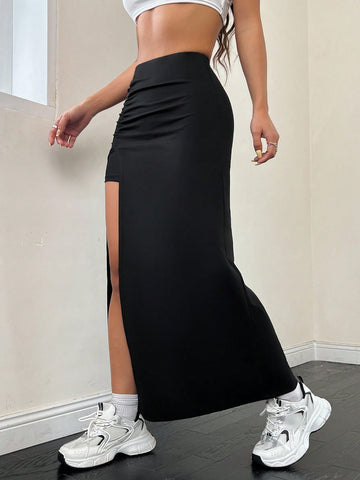 EZwear Solid Color Pleated Split Skirt