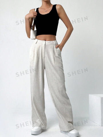 EZwear Solid Color Pocket Design Women's Straight Pants