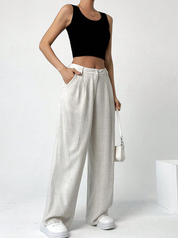 EZwear Solid Color Pocket Design Women's Straight Pants