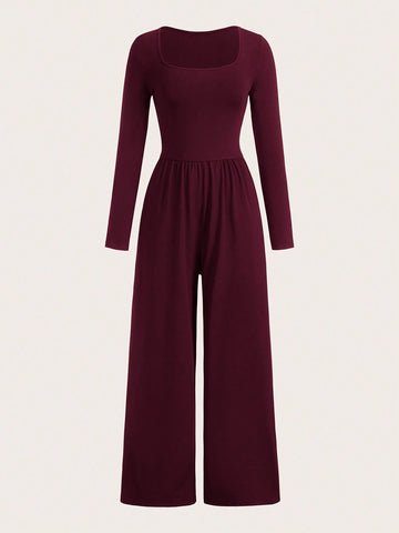 Women's Solid Color Square Neck Wide Leg Loose Casual Long Sleeve Jumpsuit For Autumn