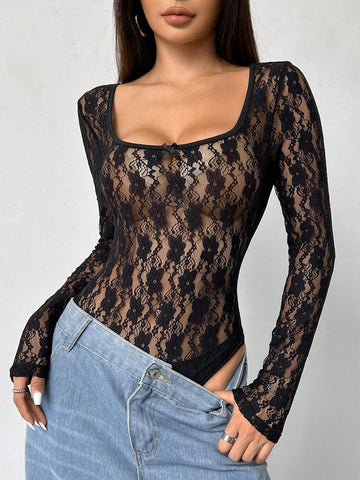 Solid Color Square Neck Knitted Lace Sexy Sheer Long Sleeve Bodysuit