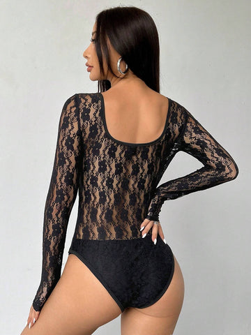 Solid Color Square Neck Knitted Lace Sexy Sheer Long Sleeve Bodysuit