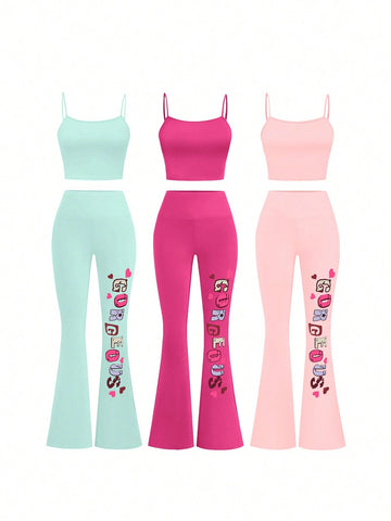 Solid Color Tight Short Camisole Top And Letter Print Flared Pants Summer Casual Set