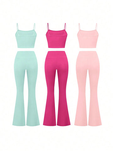 Solid Color Tight Short Camisole Top And Letter Print Flared Pants Summer Casual Set