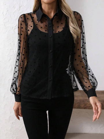 EZwear Solid Color Turn-Down Collar Mesh Splice See-Through Sexy Long Sleeve Shirt
