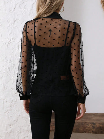 EZwear Solid Color Turn-Down Collar Mesh Splice See-Through Sexy Long Sleeve Shirt
