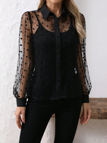 EZwear Solid Color Turn-Down Collar Mesh Splice See-Through Sexy Long Sleeve Shirt