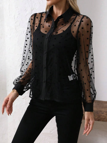 EZwear Solid Color Turn-Down Collar Mesh Splice See-Through Sexy Long Sleeve Shirt
