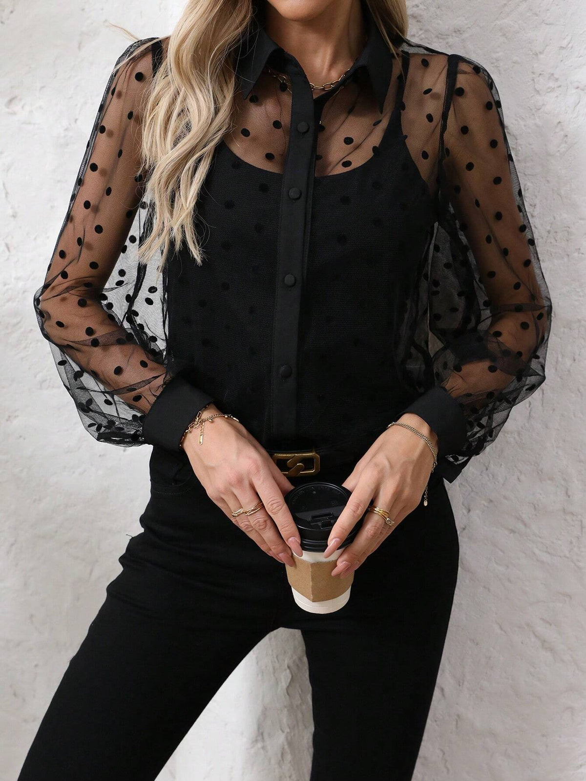 EZwear Solid Color Turn-Down Collar Mesh Splice See-Through Sexy Long Sleeve Shirt