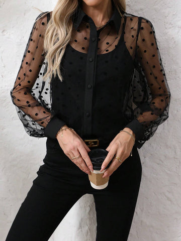 EZwear Solid Color Turn-Down Collar Mesh Splice See-Through Sexy Long Sleeve Shirt