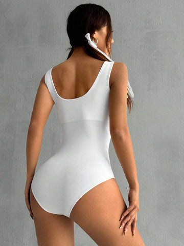 Solid Color Wide Strap Bodysuit With Padded Chest, Summer