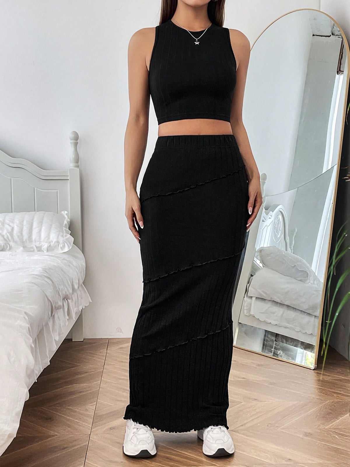 Solid Colored Cropped Vest & Skirt Set