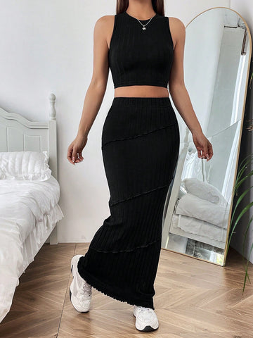 Solid Colored Cropped Vest & Skirt Set