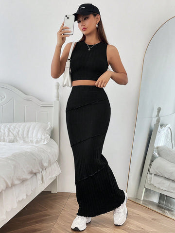 Solid Colored Cropped Vest & Skirt Set