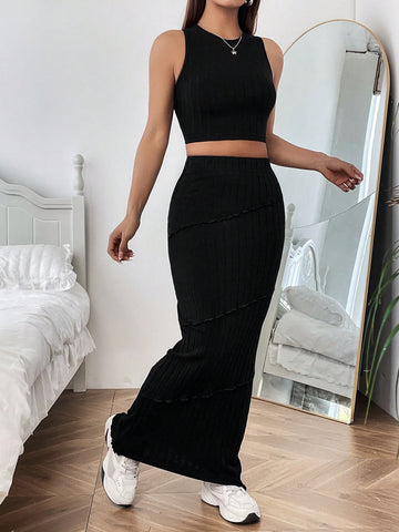 Solid Colored Cropped Vest & Skirt Set