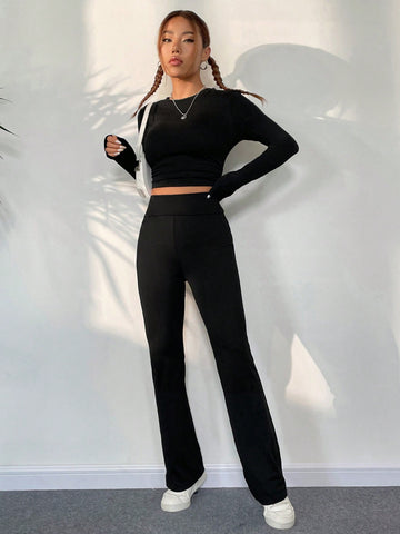 Solid Crop Tee & Flare Leg Pants