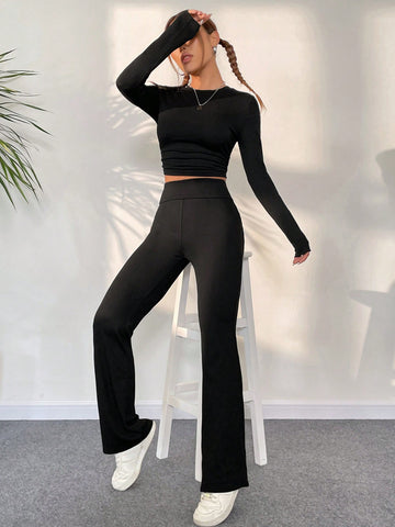 Solid Crop Tee & Flare Leg Pants