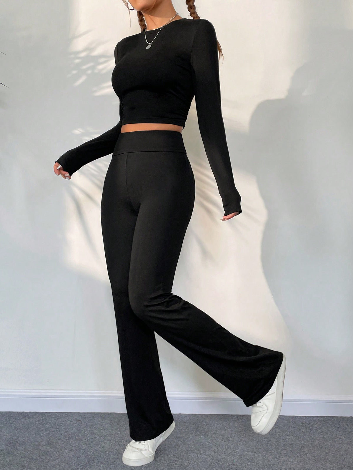 Solid Crop Tee & Flare Leg Pants