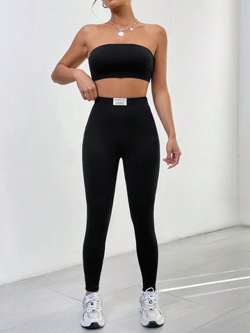 Solid Crop Tube Top & Letter Patched Leggings