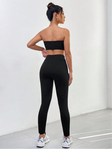 Solid Crop Tube Top & Letter Patched Leggings
