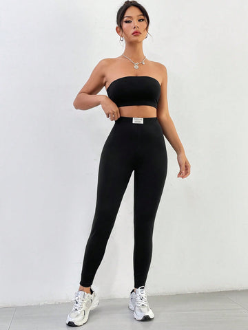 Solid Crop Tube Top & Letter Patched Leggings