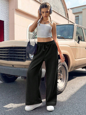 EZwear Solid Drawstring Waist Wide Leg Sweatpants