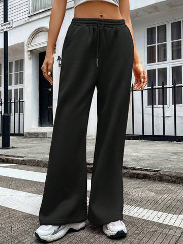 EZwear Solid Drawstring Waist Wide Leg Sweatpants