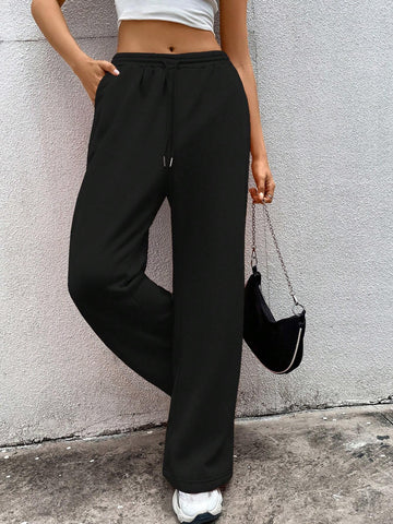 EZwear Solid Drawstring Waist Wide Leg Sweatpants