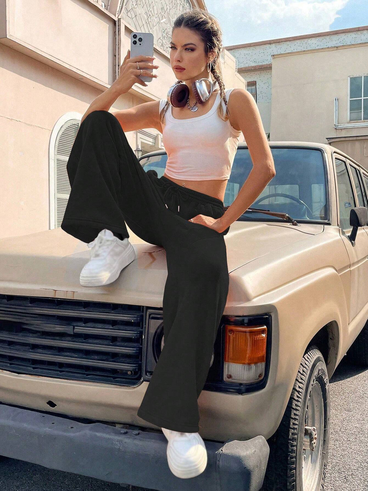 EZwear Solid Drawstring Waist Wide Leg Sweatpants