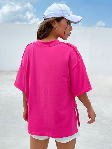 Solid Drop Shoulder Pocket Patched V Neck Tee