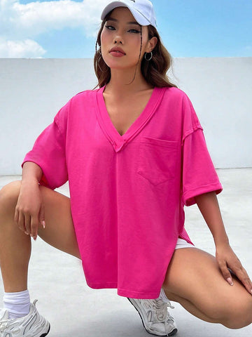 Solid Drop Shoulder Pocket Patched V Neck Tee