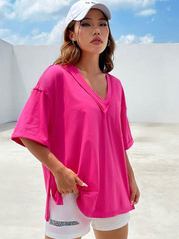 Solid Drop Shoulder Pocket Patched V Neck Tee