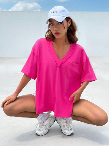 Solid Drop Shoulder Pocket Patched V Neck Tee