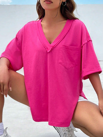 Solid Drop Shoulder Pocket Patched V Neck Tee