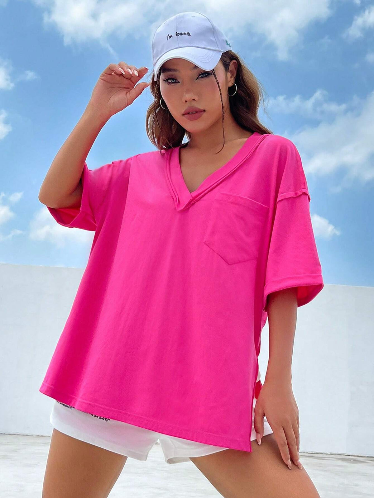 Solid Drop Shoulder Pocket Patched V Neck Tee