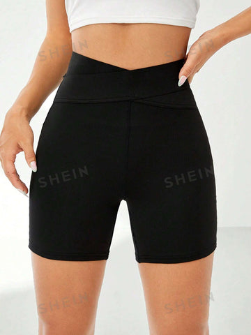 EZwear Solid Overlap Waist Biker Shorts