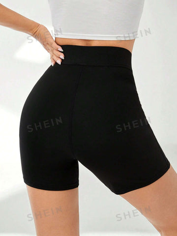 EZwear Solid Overlap Waist Biker Shorts