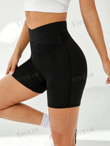 EZwear Solid Overlap Waist Biker Shorts