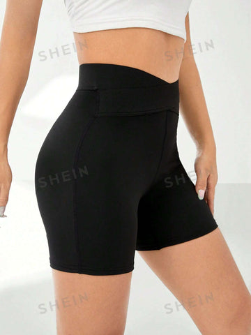 EZwear Solid Overlap Waist Biker Shorts