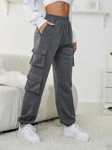 EZwear Solid Pocket Patched Elastic Waist Sweatpants