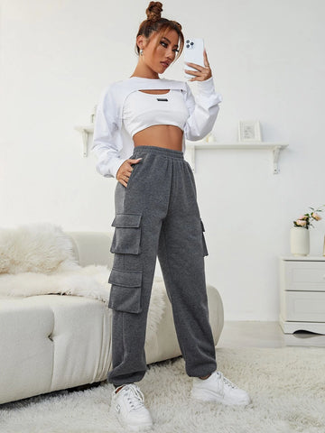 EZwear Solid Pocket Patched Elastic Waist Sweatpants