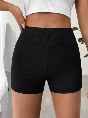 EZwear Solid Ribbed Knit Biker Shorts