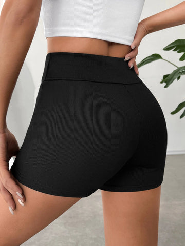 EZwear Solid Ribbed Knit Biker Shorts