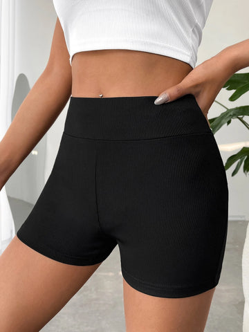EZwear Solid Ribbed Knit Biker Shorts