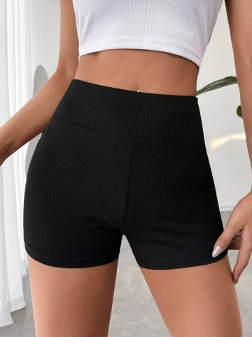 EZwear Solid Ribbed Knit Biker Shorts