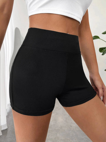 EZwear Solid Ribbed Knit Biker Shorts