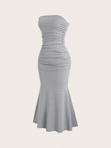 Solid Ruched Tube Strapless Dress For Summer