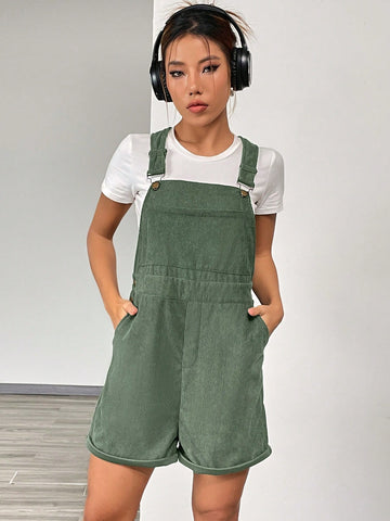 Solid Slant Pocket Overall Romper Without Tee