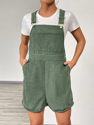 Solid Slant Pocket Overall Romper Without Tee