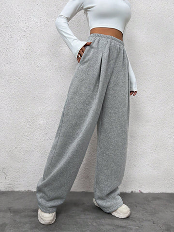 EZwear Solid Slant Pocket Wide Leg Sweatpants